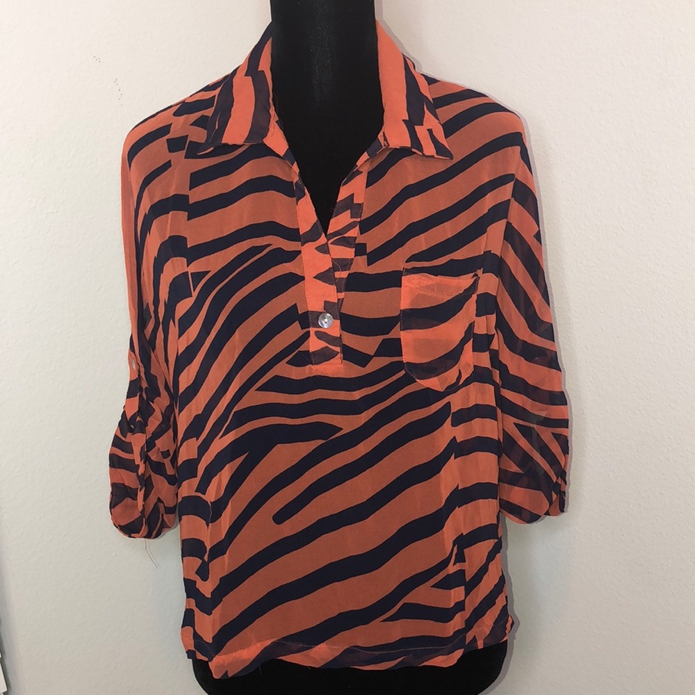 Orange & Navy Blue Stripe Sheer Top